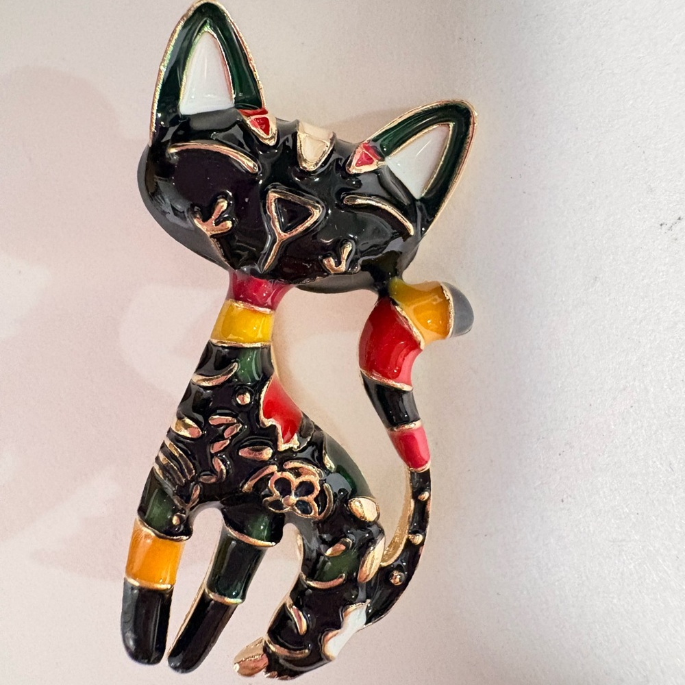 Multicolor Enamel mid century vibe Cat Brooch
